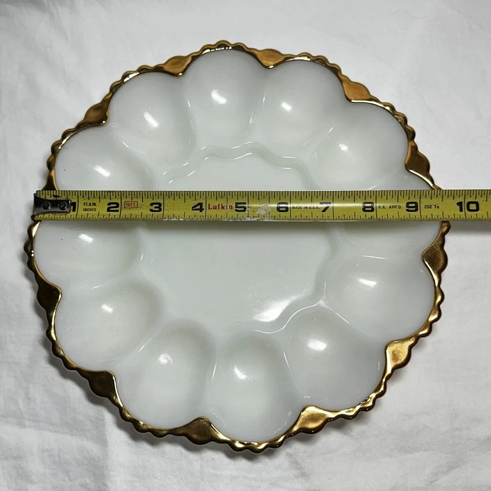 Vintage Milk Glass Deviled Egg Platter White Gold Scalloped Trm 9.25in Excellent